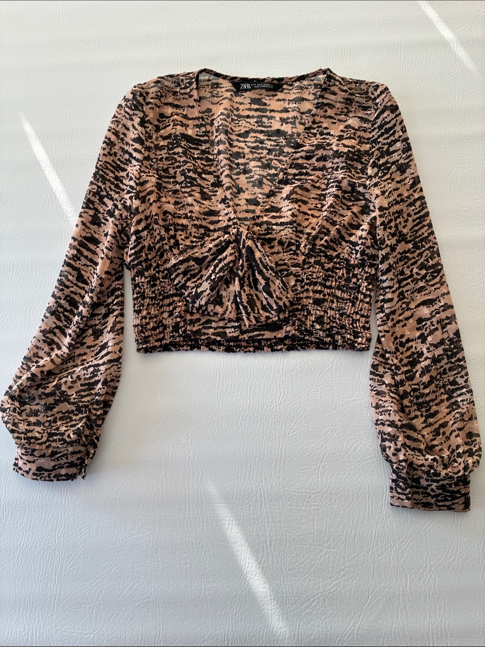 Zara Pink and Black Animal-Print Long-Sleeve Cropped Top